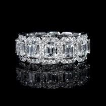 wedding photo - 3.68ct Diamond Emerald And Round Brilliant Cut 18k White Gold Eternity Wedding Band Ring