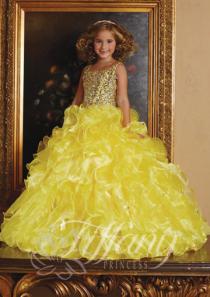 wedding photo -  Crystals Tulle Ruffled Lace Up Straps Floor Length Ball Gown Yellow Sleeveless