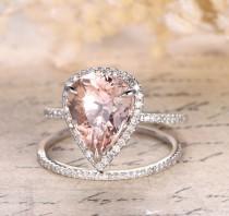 wedding photo - Pear Morganite Engagement Ring Sets Pave Diamond Wedding 14K White Gold 10x12mm
