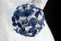 wedding photo - Royal Blue Wedding brooch bouquet. "Tropical Iceberg" Rhinestone White Navy Blue wedding bouquet. Jewelry Bridal broach bouquet, Ruby Blooms