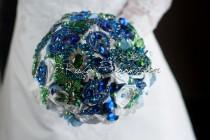 wedding photo - Blue, Green and White Wedding brooch bouquet. "Scottish Morning" Emerald, Royal Blue Wedding Brooch Bouquet. Keepsake Bridal broach bouquet
