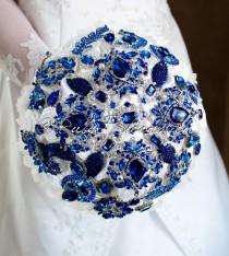wedding photo - Royal Blue Wedding Brooch Bouquet. "Royal Blue Crown" Crystal Crown Cobalt Heirloom Bouquet. Jewelry Bridal Broach Bouquet, Ruby Blooms