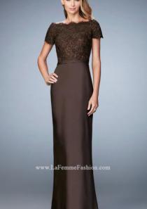wedding photo -  Column Chocolate Zipper Appliques Floor Length Navy Straps Short Sleeves Lace Satin Ruched