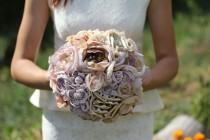 wedding photo - fabric bouquet 12-14" FULL PRICE fabric wedding bouquet fabric flowers handmade flowers purple bouquet ribbon roses ribbon bouquet brooch