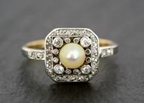 wedding photo - Antique Edwardian Ring - Antique Pearl & Diamond Ring - Gold and Platinum Antique Engagement Ring