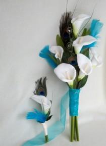 wedding photo - Turquoise Wedding flower package Calla Lilies peacock feather Boutonnieres bridal bouquet  5 piece silk wedding flowers accessories party