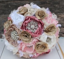wedding photo - Heirloom brooch bouquet. Book and fabric peony flowers in dusty rose,blush, champagne and white. Jane Austin inspired.