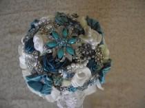 wedding photo - Brooch Bouquet, Teal, Aqua, Handmade Flowers, Rhinestones Brooches, Faux Pearls