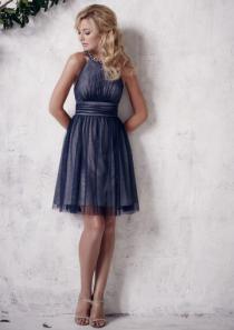 wedding photo -  Halter Open Back Navy Tulle A-line Sleeveless Ruched Knee Length