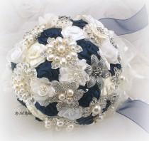 wedding photo - Brooch Bouquet, Navy Blue, Ivory, Cream, White, Vintage Style, Elegant Wedding, Fabric,Jeweled, Bridal Bouquet,Pearls,Lace, Crystals, Gatsby
