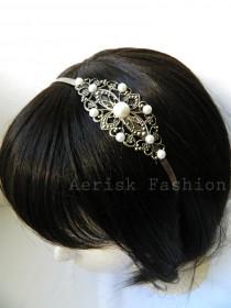 wedding photo - White Pearl Wedding Vintage style headband - MARLENE design 1 on a Bronze filigree stamped headband