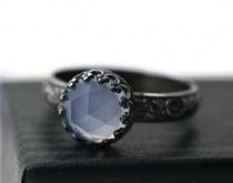 wedding photo - Light Blue Chalcedony Ring, Natural Gemstone Engagement Ring, Periwinkle Blue Gemstone, Oxidized Silver, Renaissance Style Ring, Floral Band