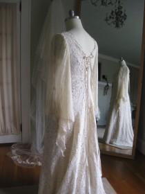 wedding photo - Renaissance Faery Tale Champagne Lace Wedding Gown, Renn sleeve, Boho wedding dress, Vintage lace Wedding gown, Plus Size Lace Dress