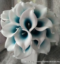 wedding photo - Calla Lily Bouquet Flowers 10 Stems Oasis Teal Picasso Calla Lilies Real Touch Bridal Bouquet Faux Flowers For Wedding Centerpieces