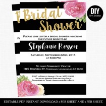 wedding photo -  Black and white striped Bridal Shower invitations | Printable black and white striped watercolor flower bridal shower invite | Boho Chic