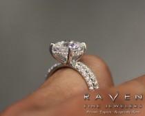 wedding photo -  8mm 2.50 Carat Forever One Moissanite & Diamond Halo Wrap Engagement Ring, 14k, 18k or Platinum, Diamond Cushion Rings for Women, 2 carat