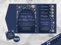 wedding photo -  DIY Printable Wedding Pocket Fold Invitation Set A7 5 x 7 | Editable MS Word file | Winter Silver Diamond Shower Snowflakes Navy Blue