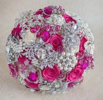 wedding photo - Brooch bouquet. Hot Pink, Ivory and silver wedding brooch bouquet, Jeweled Bouquet.