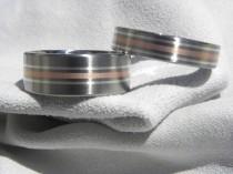 wedding photo - Titanium Ring SET, Matching Wedding Bands Silver and Copper Stripes
