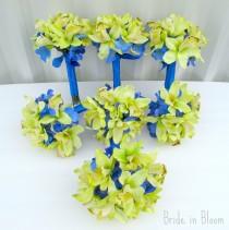 wedding photo - Wedding bouquets green orchids royal blue 13 piece set - silk bridal flowers custom made package