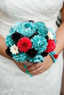 wedding photo - FEATURE ON Offbeat Bride - Teal, Red and Black Rock and Roll Inspired Handmade Paper Flower Wedding Bouquet - Custom Colors