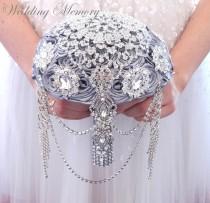 wedding photo - BROOCH BOUQUET  Cascading, jeweled alternative wedding broach bouqet silver gray princess pearl Broach bouqet