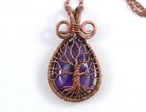 wedding photo - Amethyst Wrapped Tree-Of-Life Pendant Copper Pendant Wired Copper Jewelry Amethyst Pendant Amethyst Necklace February Birthstone Rustic Boho