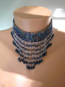 wedding photo -  Blue Fringed Necklace, Gatsby Jewelry , Waterfall Necklace, Flapper Collar, Art Deco, Blue Bridal Necklace, Bib Necklace, Carnival Beads