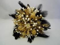 wedding photo - Bridesmaids bouquet in gold and ivory with black feather collar. Beaded bouquet, feather bouquet, brooch alternative