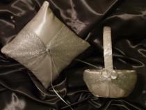 wedding photo - flower girl basket and ring bearer pillow silver on white or ivory satin