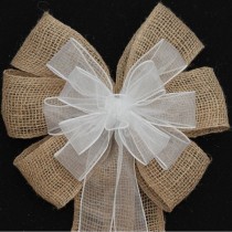 wedding photo - Burlap And White Sheer Wire Edge Rustic Wedding Pew Bows Church Aisle Decorations