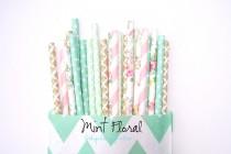 wedding photo - Mint Floral -Pink and Mint *Gold Straws -Wedding Decor -Floral Straws -Pink Straws -Pink Straws -Mint Straws -Paper Straws -Baby shower