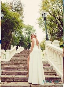 wedding photo - Elegant Simple satin open back slit wedding dress