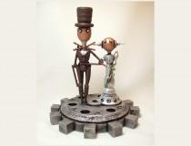 wedding photo - Elegant Wedding Cake Topper Steampunk Gear Base Robot Couple Groom Bride Wood Sculpture