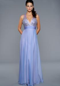 wedding photo -  Zipper V-neck Open Back Blue Crystals Tulle Chiffon Ruched Floor Length