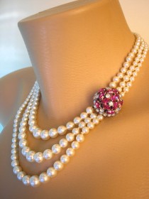wedding photo -  Ruby Choker, Pearl Choker, Pearl Necklace, Mother of the Bride, Bridal Jewelry, Pink Rhinestone, Pearl And Ruby Necklace, Fuschia Rhinestone