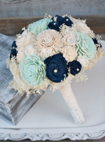 wedding photo - Mint And Navy Bridal Bouquet, Navy And Mint, Wedding Flower Bouquet, Sola Bouquet, Babys Breath Bouquet, Bridal Bouquet, Lace Flower Bouquet