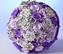 wedding photo - purple wedding brooch bouquet, fabric purple flowers