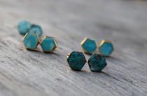 wedding photo - Natural Turquoise Stud Earrings, Hexagon Raw Turquoise Earrings, Boho Chic, Gold Plated Bezel Natural Stone Stud Earrings, Blue Bridesmaid