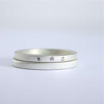 wedding photo - Three Diamond Wedding Ring Set - Matte Finish Sterling Silver - Eco Friendly - Modern - Diamond Engagement Rings - Wedding Rings