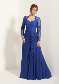 wedding photo -  Sweetheart Zipper Appliques Chiffon Lace Ruched Long Sleeves Blue Floor Length
