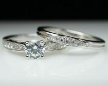 wedding photo - Intricate Vintage Style White Gold Diamond Engagement Ring & Matching Wedding Band Milgraine Finish Filigree Style Art Deco Style