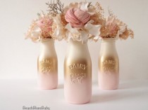 wedding photo - Pink And Gold Baby Shower Decor Centerpiece Girl Painted Milk Bottles Party Decor Blush Gold Pink Ombre Vase