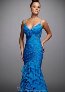 wedding photo -  Zipper Spaghetti Straps Sleeveless Tiers Blue Floor Length Chiffon Mermaid