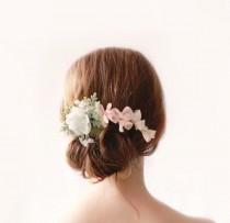 wedding photo - Pink and white flower clip, Floral bridal clip, Pastel wedding hair accessory, Updo side bun back clip