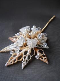 wedding photo - Seashell hair pin with crystal and pearl - Beach Wedding, Bridal crystal hair pin , Wedding hair pin, Swarovski hair pin in gold or silver