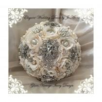 wedding photo - Silk Flower Brooch Bouquet- DEPOSIT ONLY, Ivory and Silver Bridal Brooch Bouquet,  Vintage Brooch Bouquet, Ivory Broach Bouquet