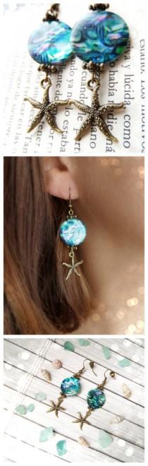 wedding photo - Abalone Earrings with Starfish, Mermaids Earrings, Starfish Jewelry, Mermaid Party Favors, Starfish Earrings, Abalon Ocean Earrings Seashell