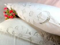 wedding photo - Antique embroidered cotton pillowcase  Hand embroidered Cutwork lace pillowcase Bedroom decor linen Bed linen Shabby chic Cottage style 