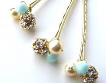 wedding photo - Mint and Gold Hair Pins, Mint Green Wedding, Glitz and Shimmer